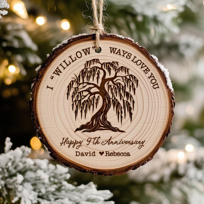 Celebrate a 9th wedding anniversary with a Personalized Willow Tree Wooden Ornament, a thoughtful and traditional willow anniversary gift.