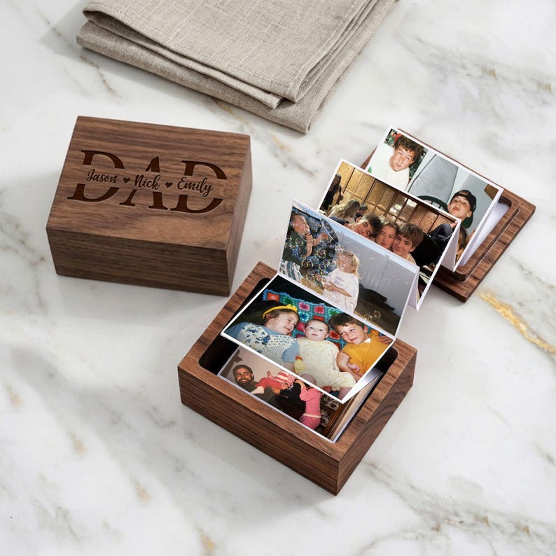 Personalized wooden pull out photo album for dad, a unique engraved photo box and Father's Day gift.