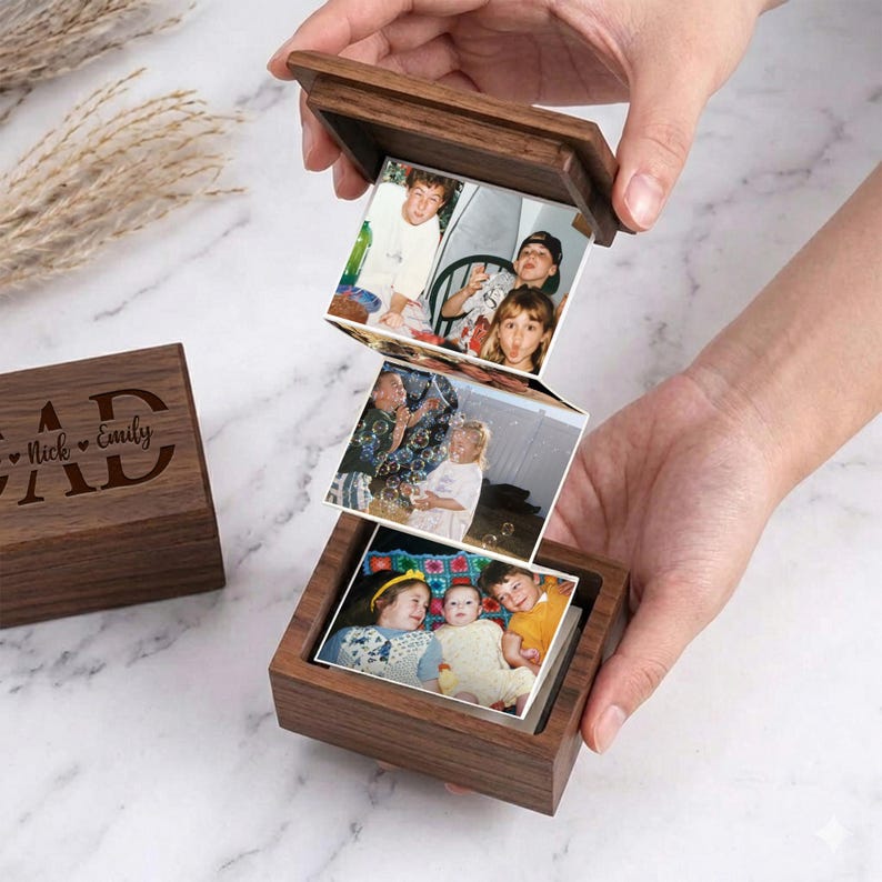 Mini pull out photo album box with custom engraving, the perfect engraved gifts for dad for Father's Day 2026.