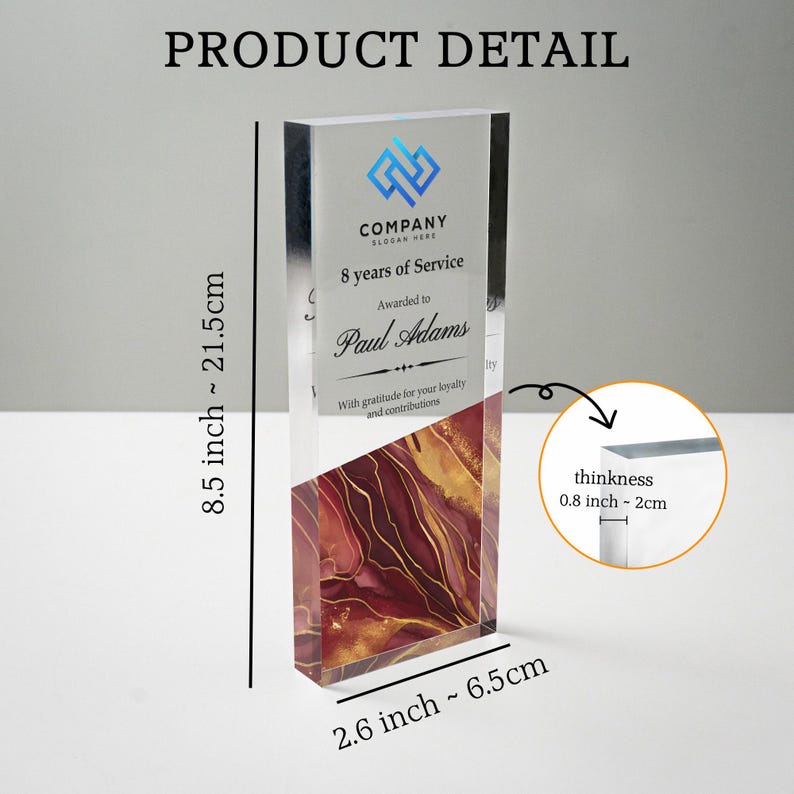 A close-up of an engraved acrylic award, the Personalized Years of Service Award is a premium custom corporate gift.