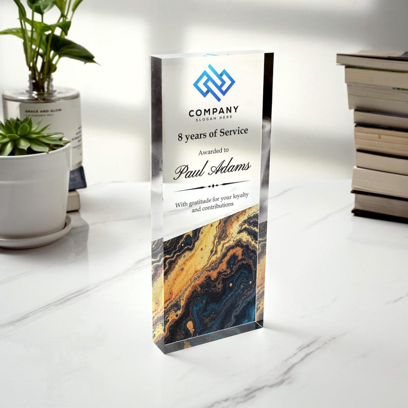 This employee appreciation gift, a Personalized Years of Service Acrylic Award, serves as a timeless corporate keepsake.