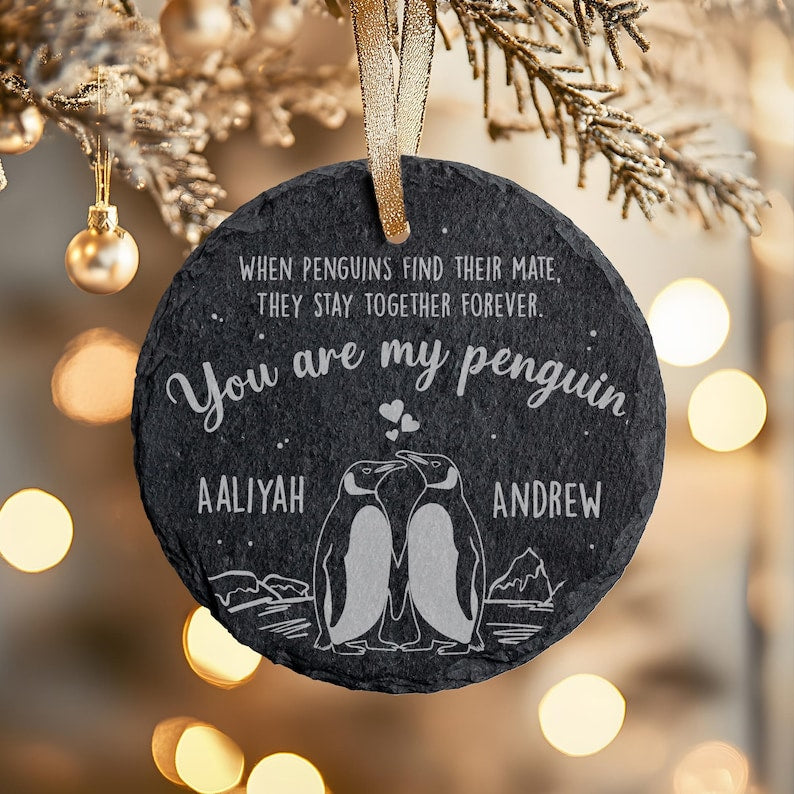 This charming penguin ornament, a Personalized 'You Are My Penguin' Stone, serves as a unique wedding ornament for a penguin wedding theme.