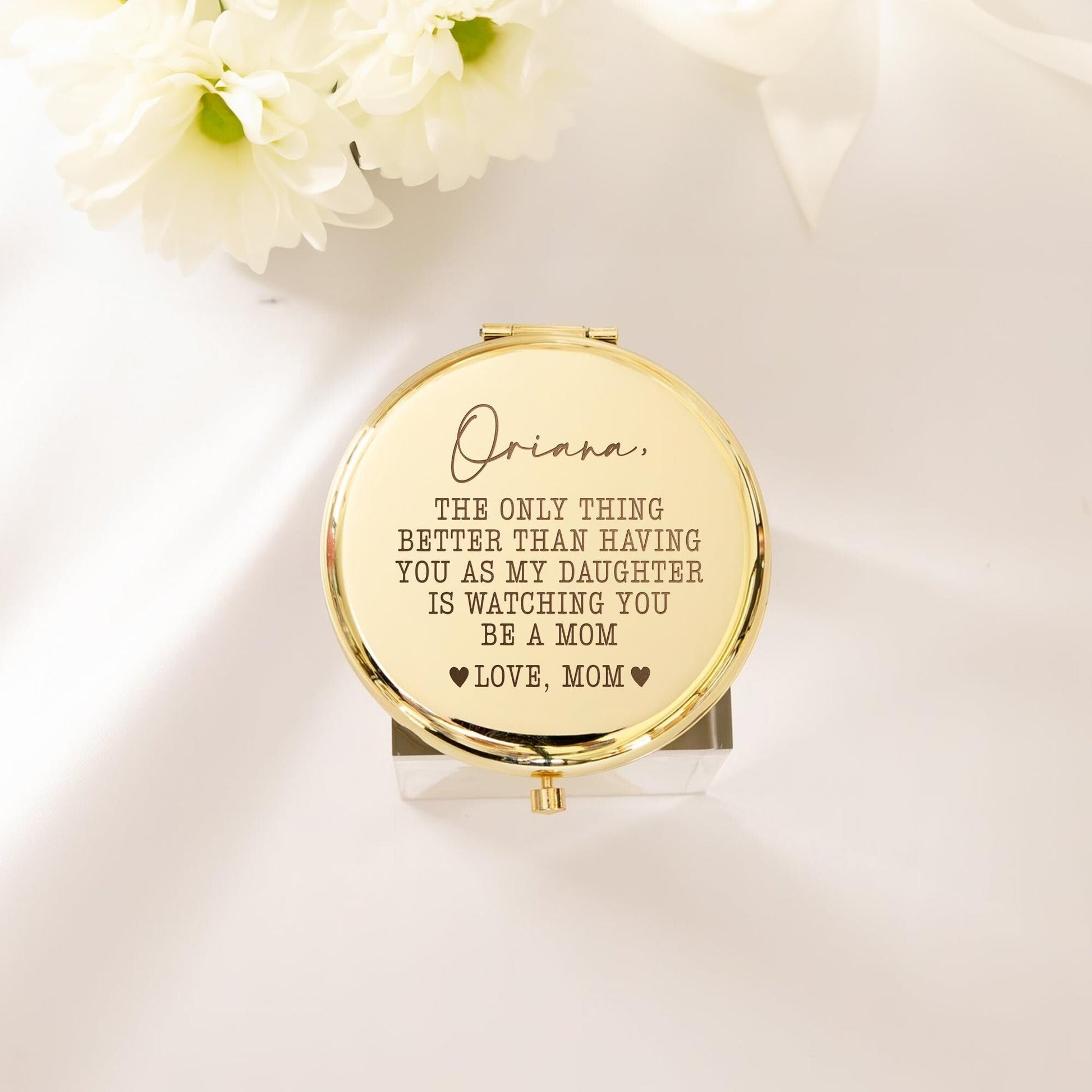 Wedding gift for daughter featuring a personalized compact mirror with sentimental message from mom