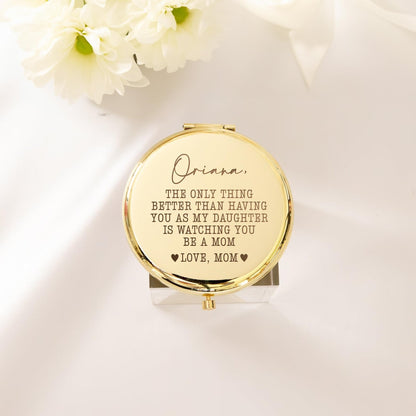 Wedding gift for daughter featuring a personalized compact mirror with sentimental message from mom