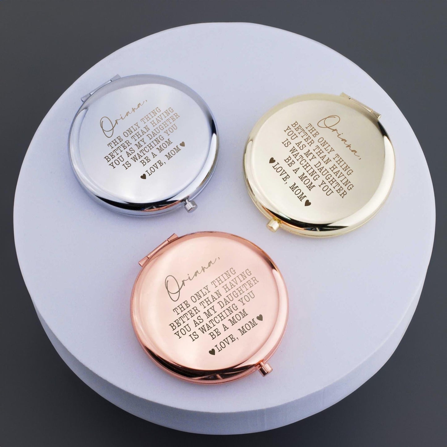 First time mother gifts like personalized compact mirrors with emotional messages from mom