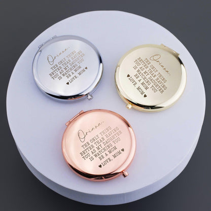 First time mother gifts like personalized compact mirrors with emotional messages from mom